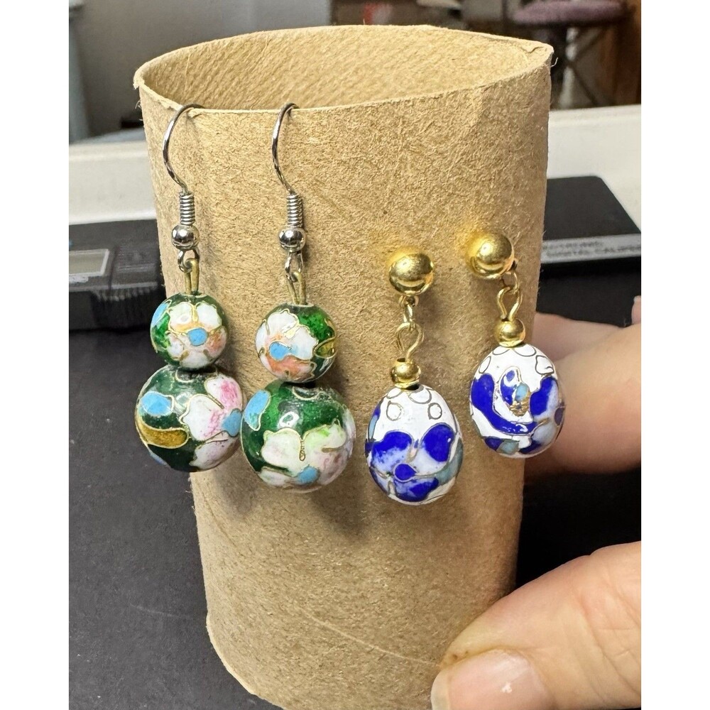 2 Pairs Cloisonne Enamel Floral Bead Dangle Earrings Green Blue Gold Tone